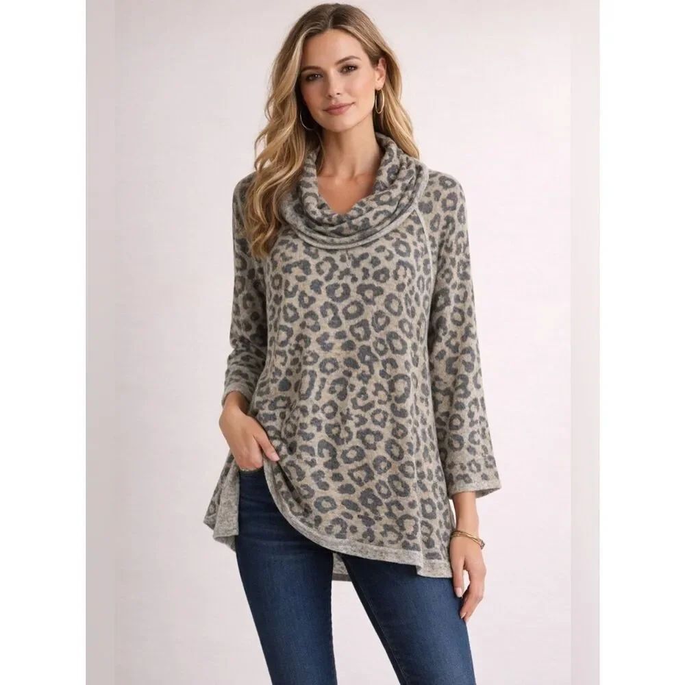 Anthropologie JODIFL Brown and Gray Leopard Cowl Neck Sweater